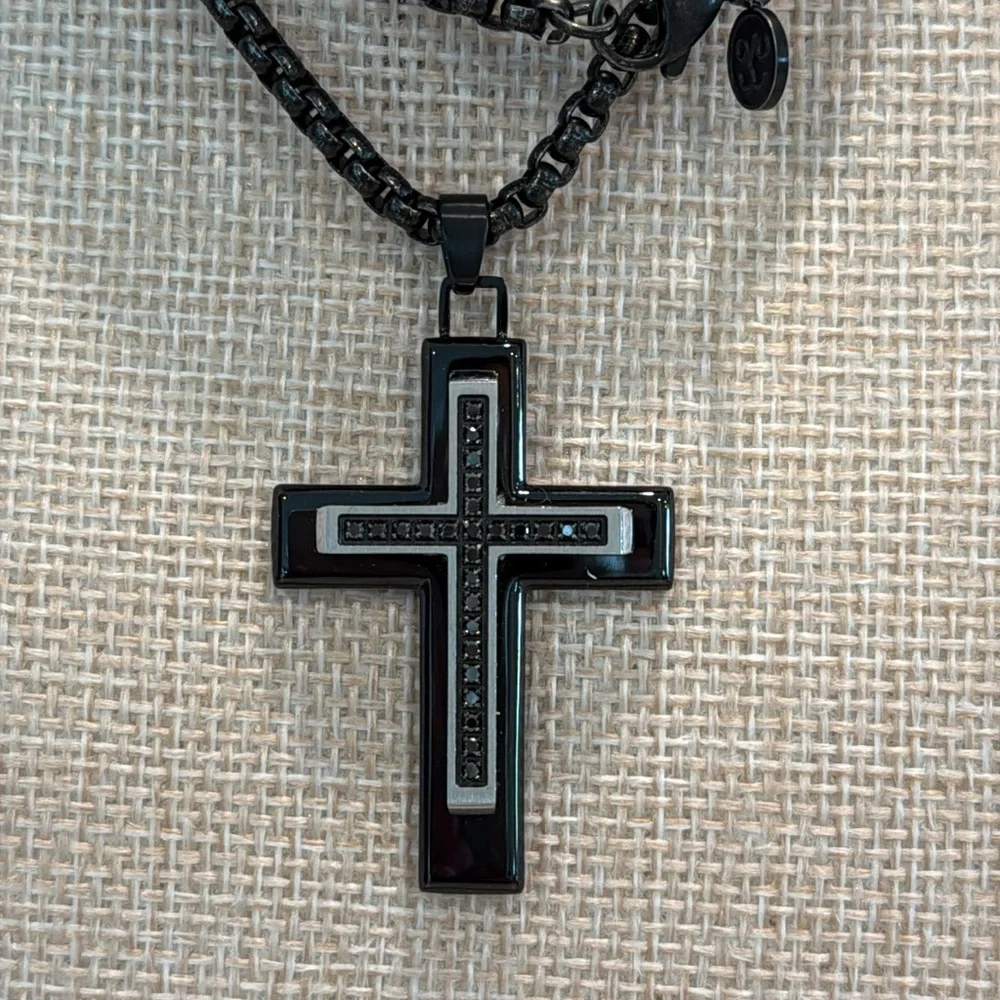 Esquire Black Diamond (1/4 ct. t.w.) Cross Necklace Black IP Stainless Steel